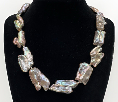 Pearl Necklace Peacock Baroque Keshi Reborn 16 Inch Choker Length Flat Abstract