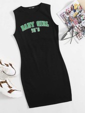 Ladies Black Letter Graphic Print Sleeveless Body-con Dress Size L 12 Holidays 