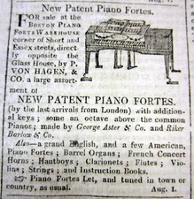 1806 Boston MASSACHUSETTS newspaper w an illustrated PIANO FORTES advertisement