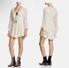 Free People Jasmine Embroidered Bell Sleeve Mini Dress Tunic Beige Size 0