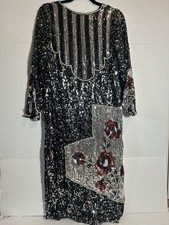 Beaded Sequin Floral Evening Dress Black Silver Red Long Sleeve