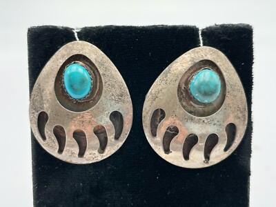 Vintage Navajo Ohrstecker oxidiert Sterling 925 Bärentatze Türkis