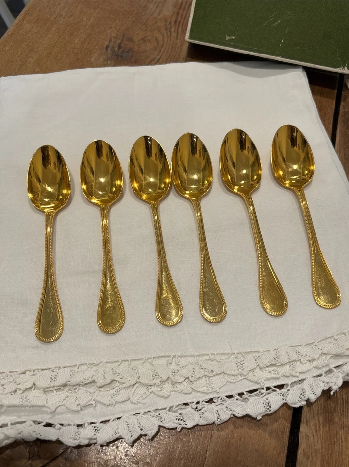 Conjunto de 6 colheres 5 horas colher de chá Christofle Perles ouro 18k placa elétrica na caixa - Imagem 2 de 4