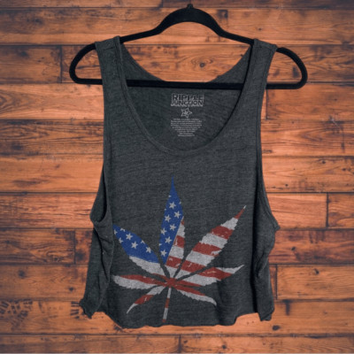 Ripple Junction Hemp Leave American Flag Cropped Grey Tank Top Medium