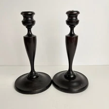 Antique English Turned Wood Spindle Candlestick Holders Pair 19th cent Primative