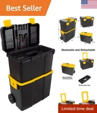Durable Stackable Tool Box with Wheels & Fold-Down Handle - Black/Yellow