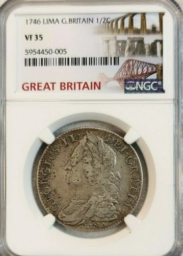 1746 GREAT BRITAIN SILVER 1/2 CROWN GEORGE II NGC VF 35 SCARCE BEAUTY