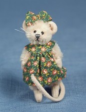DEB CANHAM "OLIVIA MINI MICE"  MOHAIR MOUSE WITH GREEN FLORAL DRESS- 2 3/4" TALL