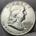 1963 D Franklin Half Dollar, AU - 90% Silver - 0.3617 Troy Ounces, F-63d