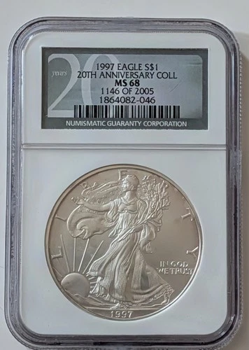 1997 AMERICAN 1 OUNCE SILVER EAGLE NGC MS68 20TH ANNIVERSARY SKU 1864082-046