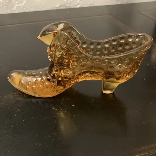 Vintage Fenton Amber Hobnail Glass Cat Head Shoe