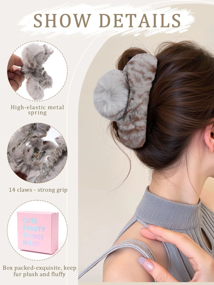 2 Pack Large Fluffy Fuzzy Hair Claw Clips for Women, 5.9" Winter Fur Furry Ha... - Image 3 of 4