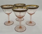 Set of 4 Vintage Pink Etched Elegant Glass Depression Champagne Gold Trim 5"