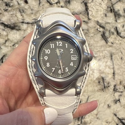 Oakley Asymmetrical Silver Wristwatch White Leather Band Date Indicator
