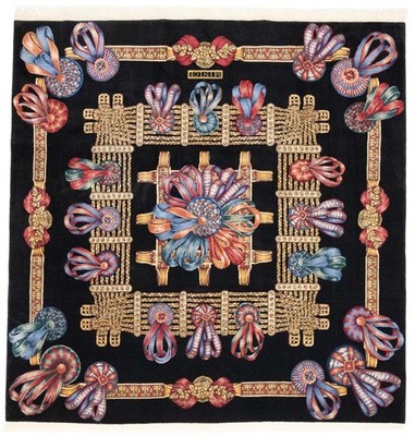 8x8 Handmade Black Floral Oriental Carpet Square Pakistan Rug