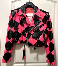 Vintage LA ROXX Handmade Leather Motorcycle Jacket, Pink/Black Checkerboard Crop