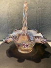 FENTON CHAMPAGNE IRIDESCENT MORNING GLORY HUMMINGBIRD RIBBON CANDY CRIMP BASKET