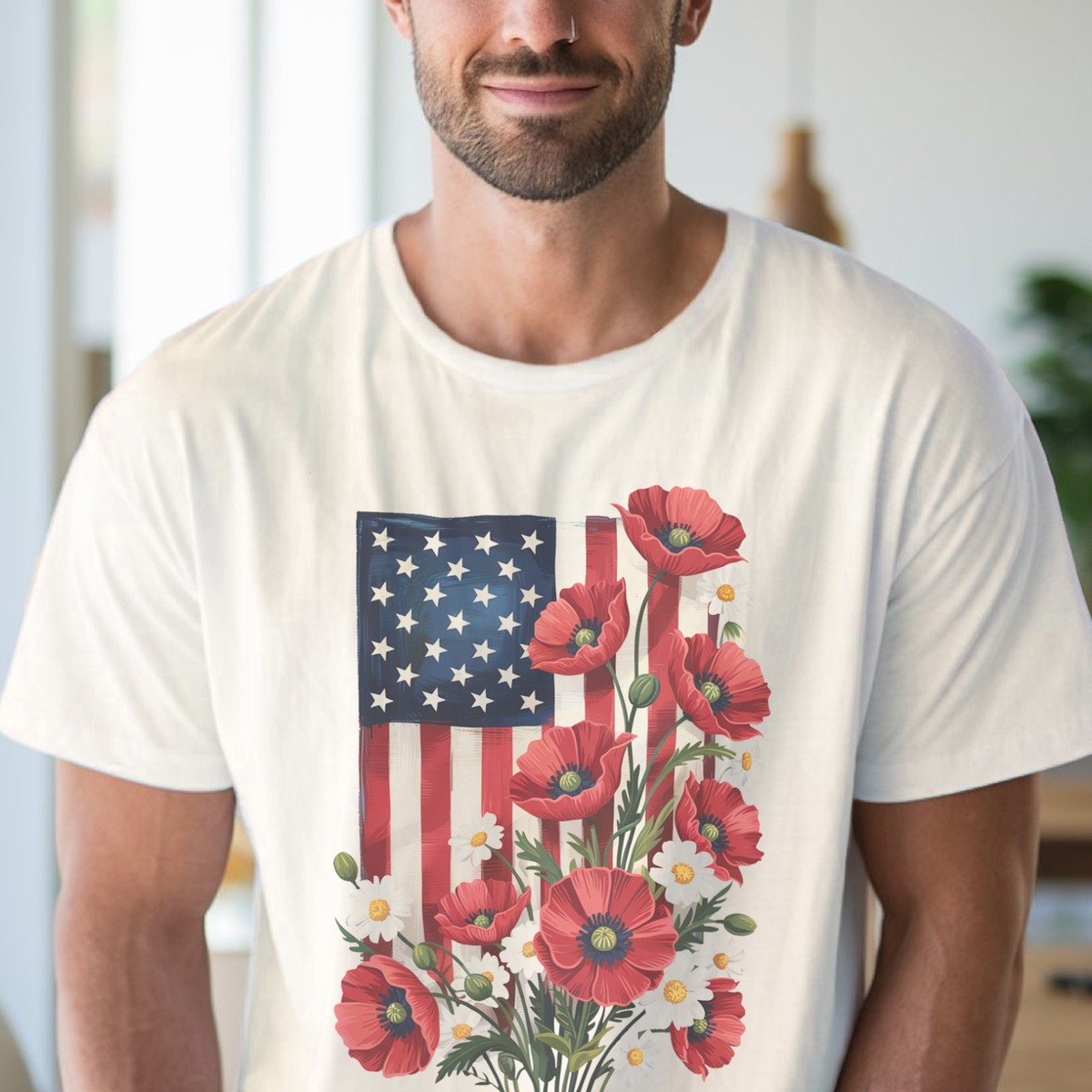 American Flag Poppy Flower Shirt Patriotic Wildflower Graphic USA