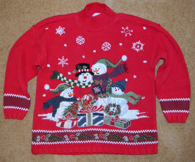 Ladies TACKY UGLY CHRISTMAS Mock Neck SWEATER SNOWMEN