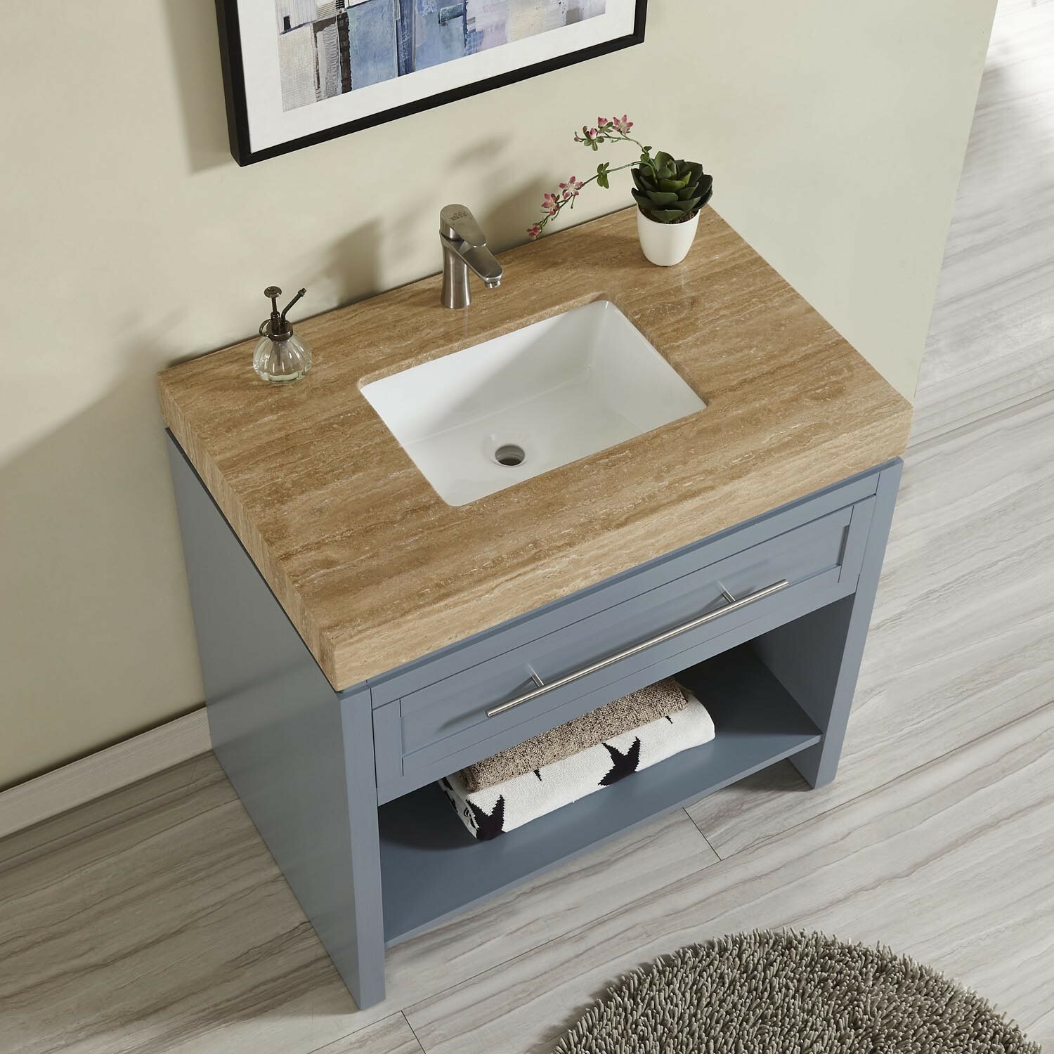 36 Inch Gray Blue Cabinet W Crema Marfil Marble Stone Countertop Sink For Sale Online Ebay