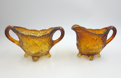 Tiara Indiana Glass Burnt Honey Sweet Pear Avocado Creamer Pitcher & Sugar Bowl
