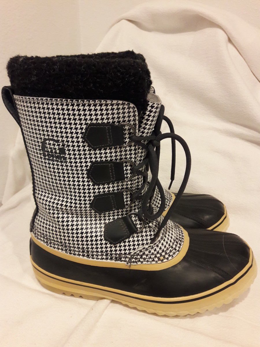Sorel 1964 PAC Boots Black White Leather Houndstooth Mid Calf Lace