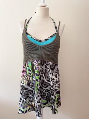 MARCCAIN MULTI COLOURED HALTERNECK PRINT TOP WITH CROCHET KNIT OVERLAYER SIZE S