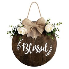 Blessed Farmhouse Welcome Sign, Round Wood Hanging Door Decor with Ribbon Bow...