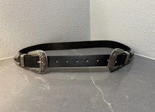 Women s Western Double Buckle Belt 39 Measured Faux Leather Silver Hardware