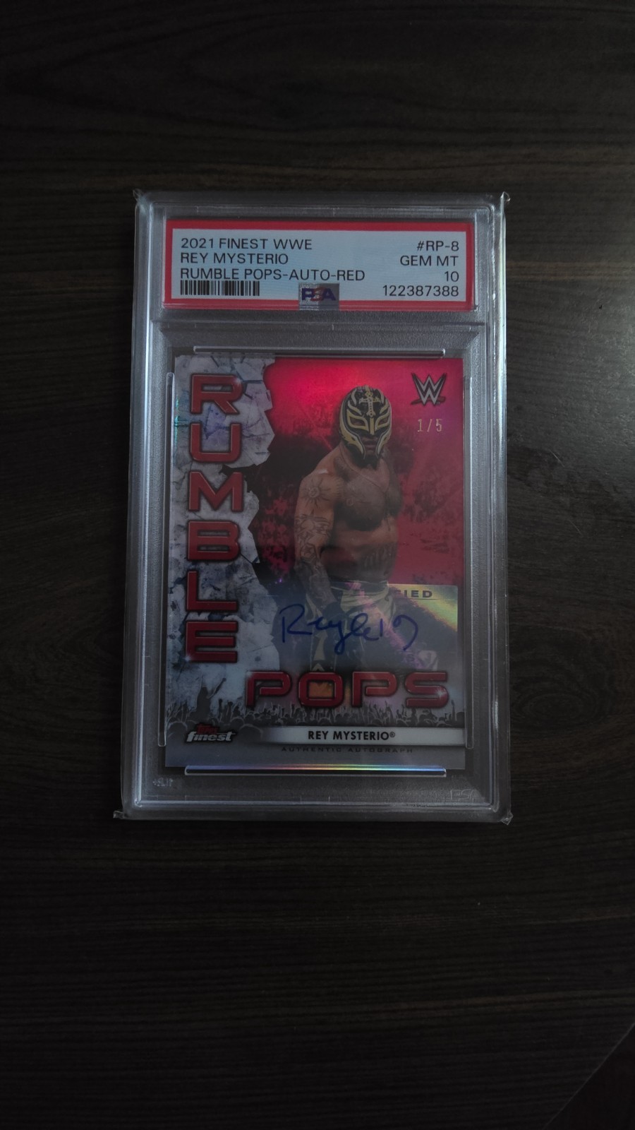 2021 Topps Finest WWE - Rumble Pops Rey Mysterio #RP-8 Red Auto 1/5 PSA 10