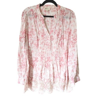 Style & Co Womens 2X Pink Floral Toile Pintuck Eyelet Lace Hem Cotton Blouse