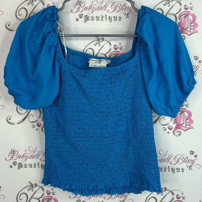 Contemporaine Simon s vision stretchy tshirt tee Blue Smocked Puff Sleeve Top