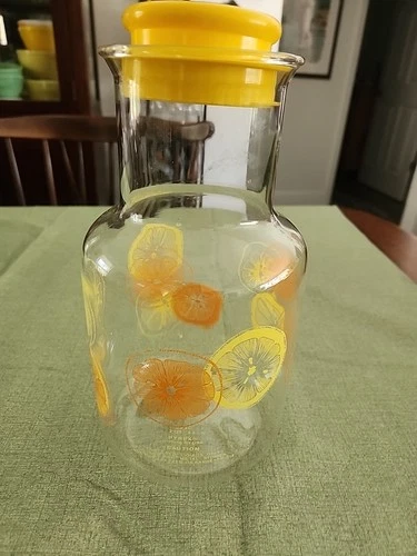 Vintage 2 Qt Pyrex Glass Juice Pitcher Carafe with Lid Lemons & Oranges (3520)
