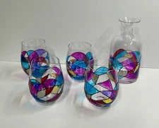 1-Barcelona Decanter 4 16 oz Glasses The Wine Savant Painted Stained Glass Look