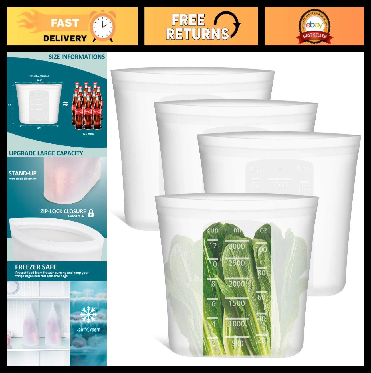 Extra Large Silicone Food Storage Bags 4 Pack, 0.8 Gallon, Reusable Zip-Lock, Di
Opens in a new wind