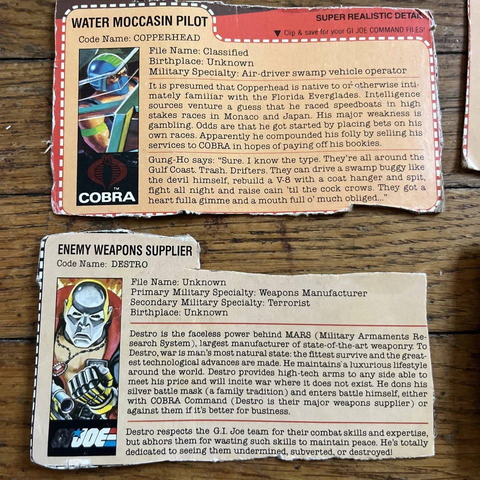 Lote de 10 tarjetas de archivo GI Joe 1985 Dreadnok Cobra Commander Destro tarjeta de archivo original Foto 2 de 4