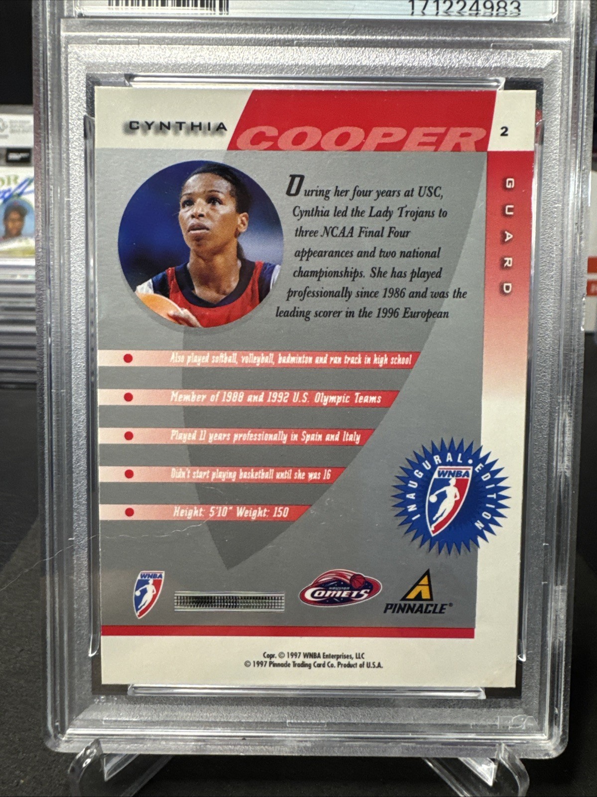 1997 PINNACLE INSIDE WNBA CYNTHIA COOPER (RC) ROOKIE #2 HOUSTON COMETS PSA 9 view 4
