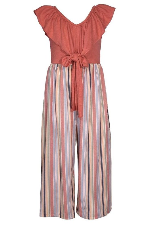 NEW Bonnie Jean Girl Size 7 "SPICE BLUE-MULTI STRIPE" Ruffle Front Jumpsuit NWT
