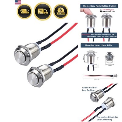 2-Pack 12mm Momentary Metal Waterproof Push Button Switch Raised Head 1/2'' Mo...