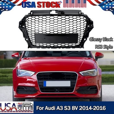 FOR 2014-2016 AUDI A3 S3 QUATTRO 8V RS3 STYLE FRONT BUMPER GRILLE GLOSSY BLACK