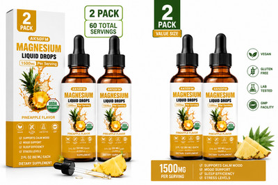 2 Pack Magnesium Liquid Drops 1500mg Pineapple Flavor 60ml Vegan Gluten Free