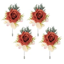 4 Pcs Dark Orange Boutonnieres for Men, Artificial Flower Buttonholes Pocket