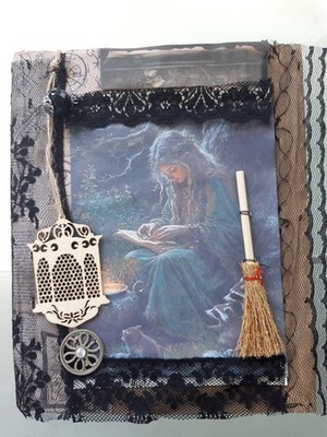 Hexen Junk Journal, Tagebuch handmade mit viel Spitze, Zauberspruchbuch, Party