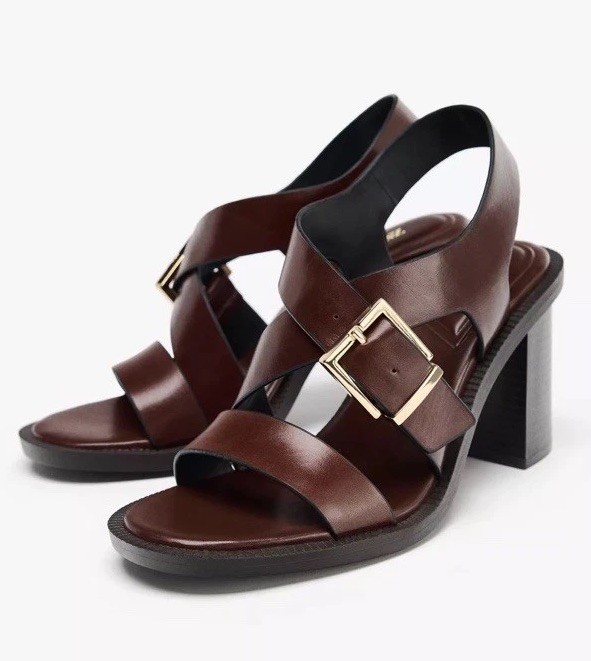 ZARA New Woman Leather Buckle Heel Sandals Shoes Brown US 8