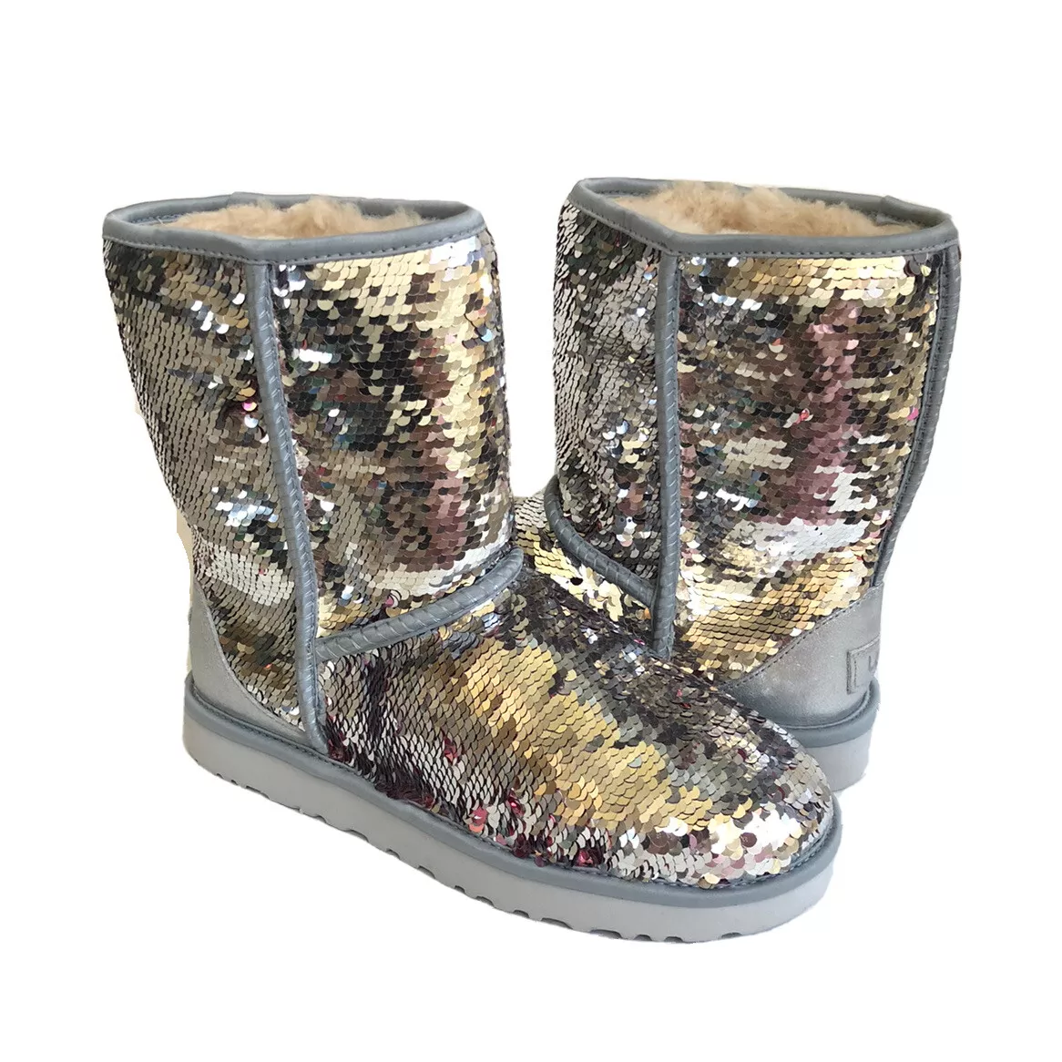 UGG CLASSIC SHORT SEQUIN SPARKLES SILVER / PINK BOOTS US 9 / EU 40 / UK 7