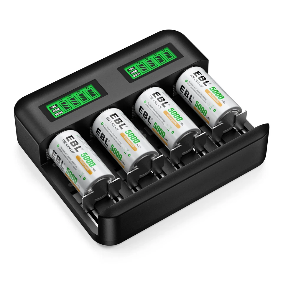 Paquete de 4 baterías recargables EBL tamaño C celda NiMH 1,2 V + cargador de batería Foto 2 de 4