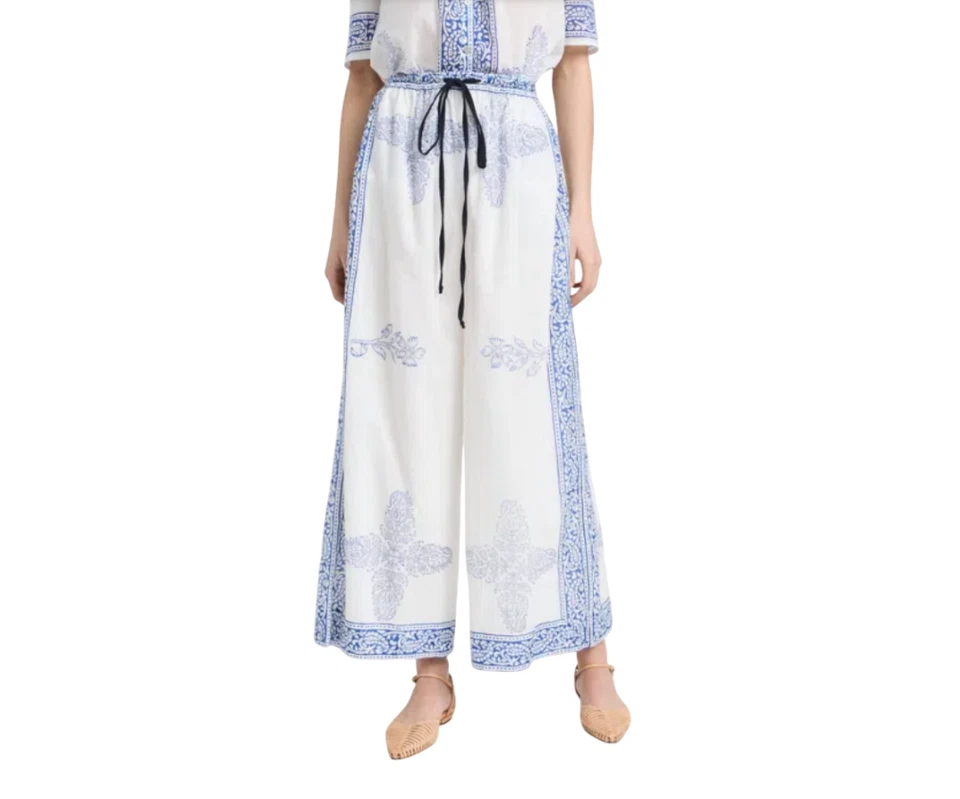 NWT Alix of Bohemia Natalie Criss Cross Pants Womens Large Blue White Wide Leg