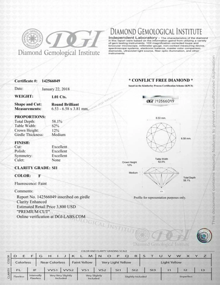 Round Shaped Loose Diamond F/SI1 Polished Certified Natural Enhanced 1.01 Carat - Image 3 of 4