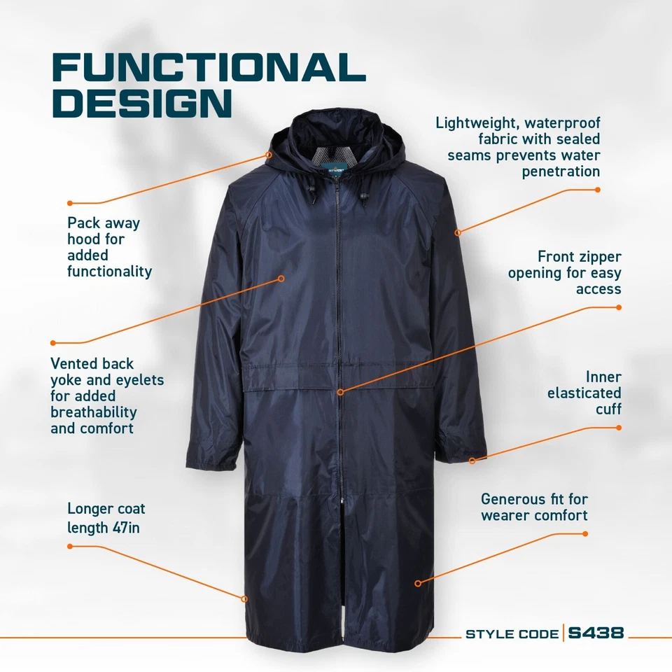 Portwest S438 Men's Waterproof Raincoat - Lightweight Long Rain Jacket with Hood - Image 2 of 4