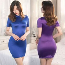 Womens Shiny Glossy Solid Short Sleeve T-Shirt Dress Basic Silky Bodycon Dresses